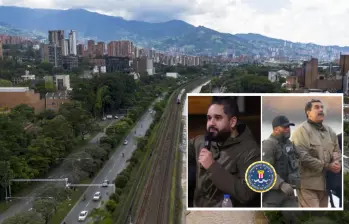 Adelante, Nicolas Maduro Guerra, “Nicolasito”, y su padre el dictador Nicolás Maduro. Atrás, panorámica de Medellín. Foto: Andrés Camilo Suárez Echeverry.