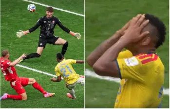 Un despeje fallido de la zaga europea dejó a Jáminton Campaz con el balón dominado y el arco a su merced, pero el atacante erró un increíble remate por encima del travesaño. FOTO: Getty y captura de video de redes sociales @DSports