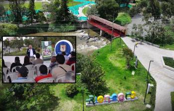 Adelante, el alcalde de Rionegro entregando el espacio. Atrás, panorámica del nuevo parque. FOTO: Cortesía Alcaldía.