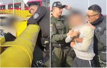 Secuencia de cómo los policías le salvaron la vida al joven antes de que se tirara del puente de la calle sexta con carrera 30, en el corazón de Bogotá. FOTO: Captura video de redes sociales @PoliciaBogota