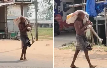 La imagen de Jeetu Munda llevando el cadáver de su hermana a un banco en India. FOTOS: Capturas de video