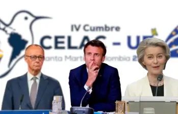 La presidenta de la Comisión Europea, Ursula von der Leyen, el canciller alemán Friedrich Merz y el presidente francés Emmanuel Macron, ya no asistirán a la Celac-UE. Foto: Cancillería/Afp. 