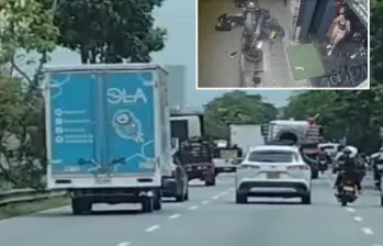 Arriba, caso de atropello en San Cristóbal. Abajo, “parrillero” de casco blanco le lanza objetos al camión. FOTO: Cortesía Denuncias Antioquia.