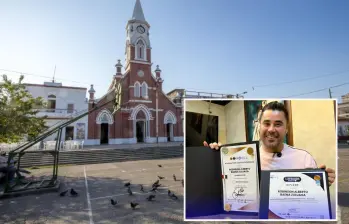 Adelante, alcalde de Puerto Berrío con exaltaciones hechas en 2025. Atrás, panorámica del municipio de Puerto Berrío. Foto: Juan Antonio Sánchez Ocampo e imagen tomada de redes.