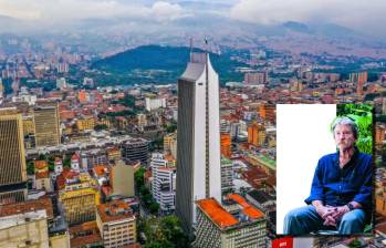 Adelante, el urbanista y arquitecto argentino Jorge M. Jáuregui. Atrás, panorámica del Centro de Medellín. Foto: Andrés Camilo Suárez y Julio César Herrera.