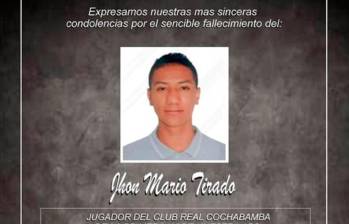 Jhon Mario Tirado tenía 22 años de edad. FOTO: Asociación de Fútbol de Cochabamba