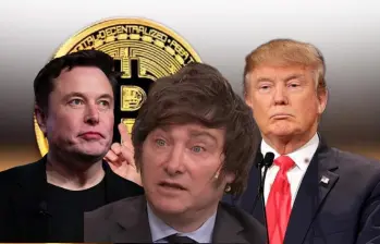 Elon Musk, Javier Milei y Donald Trump han promocionado en sus redes sociales criptomonedas. FOTOS: EL COLOMBIANO