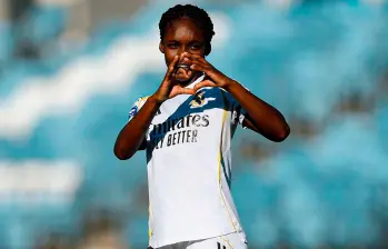 La colombiana Linda Caicedo celebró el tanto con el que se abrió el marcador para la victoria del Real Madrid 3-0. FOTO TOMADA X @realmadridfem