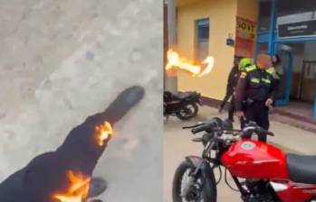 Un motociclista lanzó un objeto en llamas contra un agente de tránsito, quien sufrió quemaduras en una de sus extremidades inferiores. El presunto responsable fue capturado. FOTO: @JorgeEmilioRey vía X. 