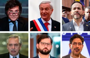 Arriba: los presidentes de Argentina, Javier Milei; de Chile, José Antonio Kast, y el candidato presidencial de Colombia, Abelardo de la Espriella. Abajo: los expresidentes de Argentina, Alberto Fernández; de Chile, Gabriel Boric, y el candidato Iván Cepeda. FOTO COLPRENSA Y AFP