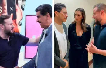 A la izquierda: el influenciador Diego Ruzzarin durante una entrevista que le hizo a Nicolás Maduro. A la derecha: el creador de contenido con Iván Cepeda y la congresista Mafe Carrascal. FOTO CAPTURA DE VIDEO