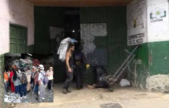 La sede de Corpomays en la zona urbana de Sonsón. Abajo, un grupo de recicladores. FOTO imágenes tomadas de Youtube y de Facebook.