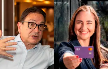 En la foto: Juan Carlos Mora, presidente de Bancolombia; y Marcela Torres, gerente de Nu Colombia. FOTO EL COLOMBIAN Y NUBANK