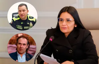 Adelante, el exdirector de la Policía –el general Carlos Triana– y el alcalde Federico Gutiérrez. Atrás, la directora Angie Rodríguez. FOTO: Presidencia y El Colombiano