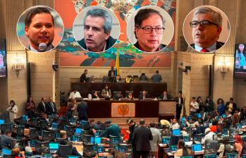 Andrés Calle, presidente de la Cámara, y el ministro del Interior, Luis F. Velasco, son los alfiles del presidente Petro para convencer a los liberales de apoyar la reforma. FOTO COLPRENSA