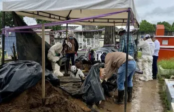 Tres exmilitares imputados por la JEP por ‘falsos positivos’ apoyan la búsqueda de desaparecidos en el Cementerio Central de Neiva, junto a la UBPD. FOTO: COLPRENSA