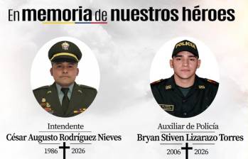 Las víctimas fueron el intendente César Rodríguez Nieves y el auxiliar Bryan Lizarazo Torres. FOTO: Tomado de X: @PoliciaColombia