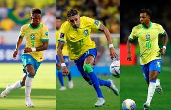 Vinícius, Raphinha y Rodrygo serían titulares en el juego de este jueves ante Colombia, si así lo dispone el técnico Dorival Junior. FOTOS: Getty