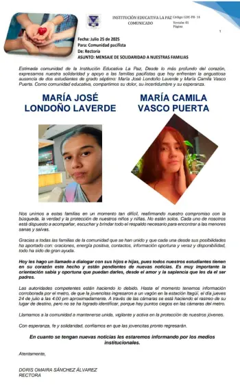 Alarma en Envigado por desaparición de dos niñas: las vieron tomar el metro el jueves y les perdieron el rastro
