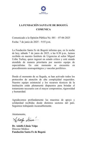 <b>URGENTE:</b> Clínica Santa Fe ya emitió un comunicado sobre la salud de <b>Miguel Uribe: “Ingresó en estado crítico”</b>