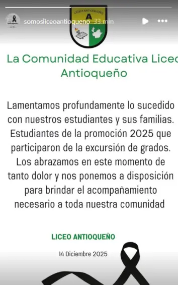 Balance final: 17 muertos y 20 heridos dejó el accidente de bus con 37 pasajeros en excursión de egresados del Liceo Antioqueño de Bello