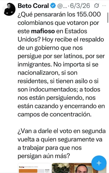 El post de Beto Coral contra Abelardo de la Espriella. FOTO: Captura de pantalla