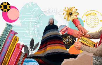 El proyecto reunió a las tejedoras de Cuaspud Carlosama, en Nariño, con investigadores y estudiantes de la Facultad de Diseño de la Universidad de Medellín para preservar el tejido en guanga mediante herramientas digitales. FOTOS; cortesía Juan David Mira Duque, Midjourney y Magnific. Collage: Daniela Gómez Hernández.