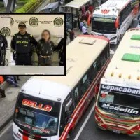 Adelante, el hombre de 26 y la mujer de 30 años fueron capturados por el homicidio al interior del bus. En el fondo, una foto de referencia de buses. FOTO: Cortesía Policía Metropolitana