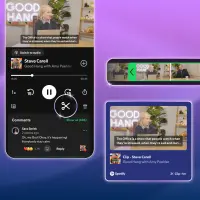 Interfaz de Spotify en dispositivo móvil; la plataforma lanzó Clips, una función que permite recortar y compartir momentos específicos de episodios de pódcast. FOTO cortesía