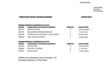 Estas fueron las últimas notas de Christhian David Guzmán en la Universidad Nacional. FOTO CORTESÍA