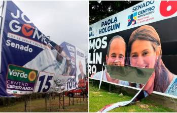 Propaganda política vandalizada este fin de semana en Medellín. FOTOS TOMADA DE TWITTER @JorgeGomezG_ y @Juan_EspinalR