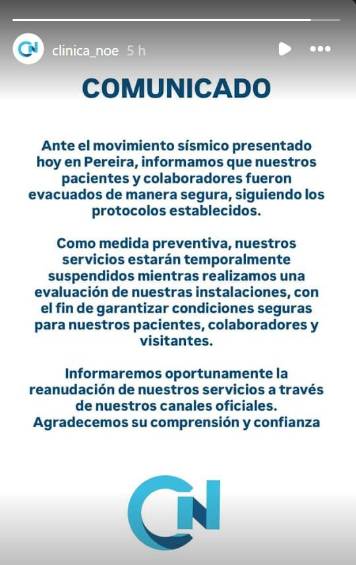 Comunicado Clínica Noé vía Instagram. 