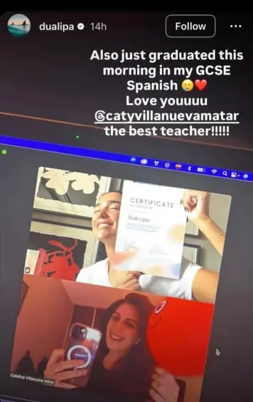 Dua Lipa presumiendo su certificado de español vía Instagram. FOTO: Tomada de redes sociales