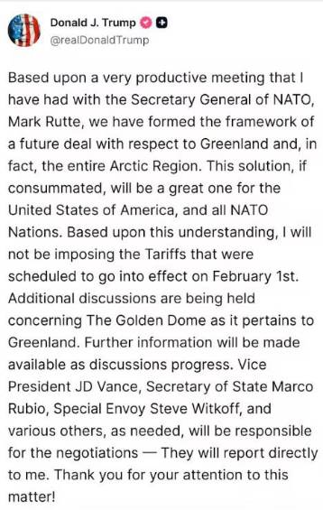 Trump retira amenaza de aranceles y dijo que “concibió el marco” para futuro acuerdo sobre Groenlandia con la OTAN