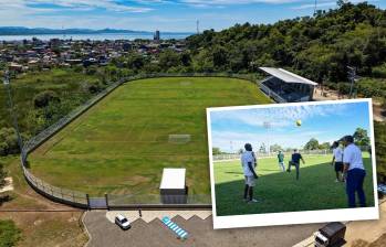 Así luce el estadio Juan Guillermo Cuadrado en Necoclí, Antioquia. La inauguración contó con la asistencia del jugador y autoridades locales y departamentales. Fotos: cortesía