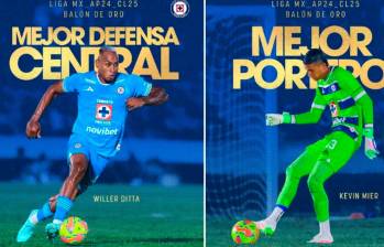 El defensa Willer Ditta y el arquero Kevin Mier, los dos colombianos exaltados en la gala de Balón de Oro de la Liga MX. FOTO TOMADA X@CruzAzul