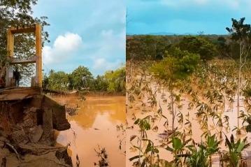 Hay alerta en la vereda La Comarca, en Necoclí, donde el alcalde Guillermo José Cardona Moreno, junto a campesinos del sector, advirtió sobre el inminente colapso del puente colgante sobre el río Mulato. FOTO: Cortesía Alcaldía de Necoclí