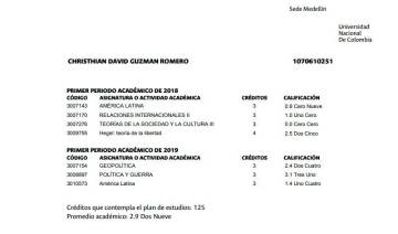 Estas fueron las últimas notas de Christhian David Guzmán en la Universidad Nacional. FOTO CORTESÍA