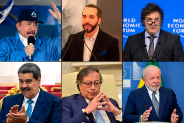 De izq. a der. Daniel Ortega, presidente de Nicaragua, Nayib Bukele, presidente de El Salvador, Javier Milei, presidente de Argentina, Nicolás Maduro, presidente de Venezuela, Gustavo Petro, presidente de Colombia y Lula Da Silva, presidente de Brasil. Fotos Getty y AFP.