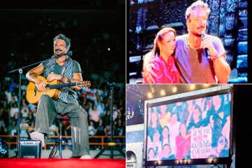 Ricardo Arjona se presentó en Medellín el pasado 24 de julio. Al lado Milena con él en escenario y desde la tribuna Sur donde Arjona vio su letrero con luces. FOTOS Cortesía Páramo Presenta y capturas de pantalla. 