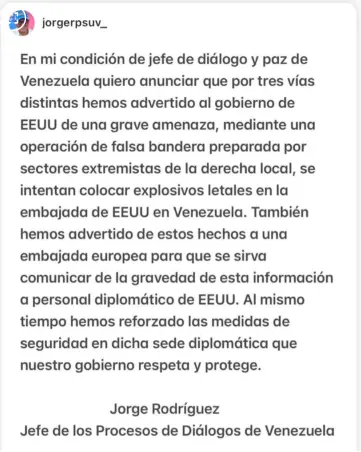 Comunicado de el jefe de los procesos de diálogo y paz de Venezuela, Jorge Rodríguez. FOTO: Tomada de redes sociales