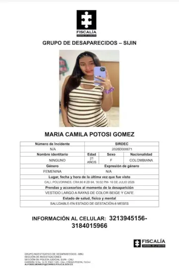 María Camila fue vista por última vez ese jueves 16 de julio, a las 4:02 de la tarde, en el sector de Polvorines, Cali. FOTO: Fiscalía. 