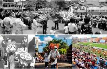 1) Desfile de 1957. 2) Transporte de silletas ese año, en camiones. 3) Recorrido 2021, en plena pandemia por el covid-19. 4) Por primera vez, solo se desfiló en el Atanasio Girardot. FOTOS el colombiano