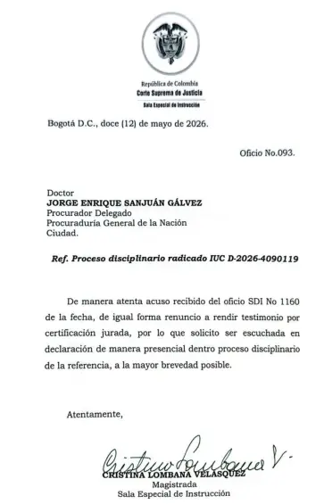 Magistrada Lombana rechaza testimonio escrito y pide declarar presencialmente contra Benedetti