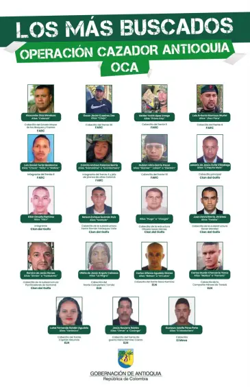 Cartel de los más buscados de la Operación Cazador Antioquia (OCA). Foto: cortesía.