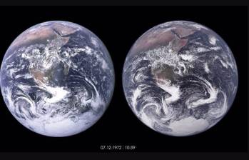 El globo de la izquierda muestra la famosa fotografía de la Tierra "Blue Marble", tomada en 1972. El globo de la derecha muestra una visualización de datos de una simulación con una cuadrí­cula de un kilómetro para la atmósfera, la Tierra y el océano. Foto: Europa Press