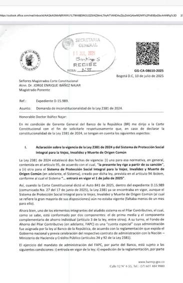 El Banco de la República solicitó a la Corte Constitucional un aplazamiento de tres meses para implementar el nuevo sistema pensional aprobado por el Congreso.