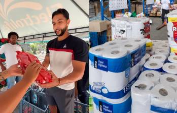 En la imagen se ve a Didier Moreno y Jeison Medina recibiendo donaciones para los afectados por el terremoto. FOTO: Captura de video