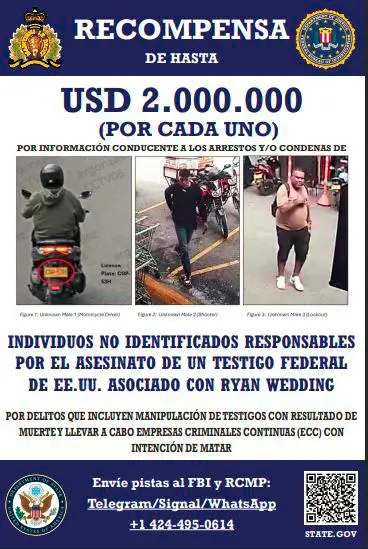 Este es el cartel en español que emite el FBI para dar con el paradero de quienes serían los homicidas del colombo-canadiense Jonathan Christopher Acevedo García el pasado 31 de enero en el Mall del Indio. FOTO: CORTESÍA