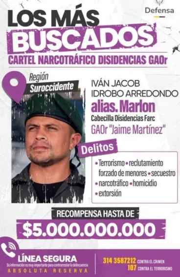 Alias Marlon era uno de los más buscados en el país. Foto: MinDefensa.